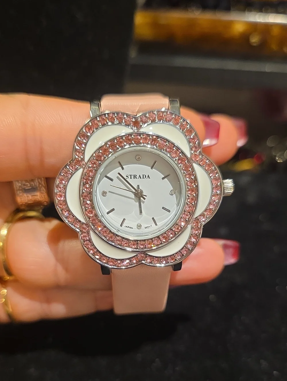 Strada Pink Crystal Flower Bezel Watch with White Dial